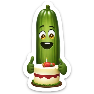 A pickle carrying a cake that says "omg" on it sticker