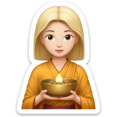 A woman  holds a Buddhist bowl in her hands. There is a glow around the girl. sticker