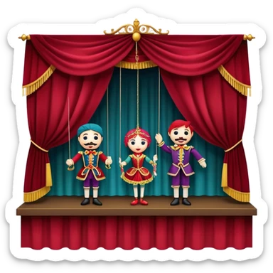 IIcon for Puppet Theater: a puppet stage with colorful marionettes, strings, and theatrical curtains. The icon should capture the whimsical and playful nature of puppet theater, with a focus on the characters and craftsmanship. Transparent background. sticker