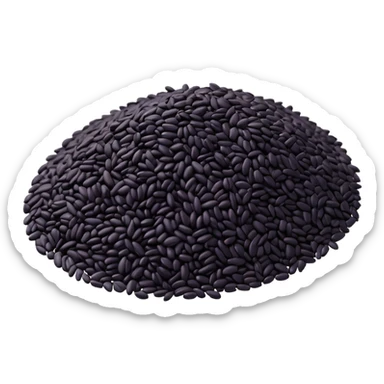 loose scatter of uncooked black rice grains, glossy elongated shape, deep purplish-black color, smooth slightly curved surface, subtle natural variations in tone, soft lighting, subtle shadows, emoji scale sticker
