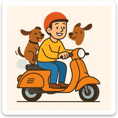 vector art of a man and his pet dog riding a vespa, for website design  sticker