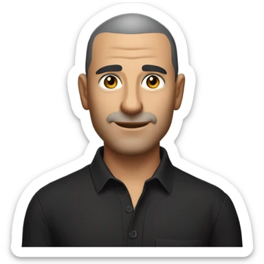 A middle-aged italian man with olive-toned skin with buzz cut hair and no facial hair. He is wearing a sleek black smart shirt, casually unbuttoned at the top. sticker