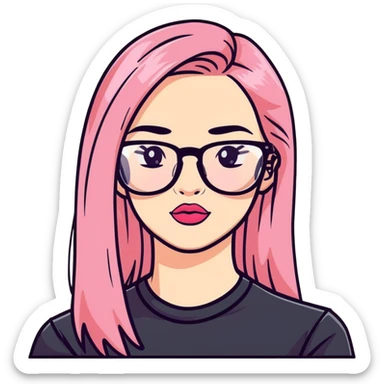 A teenage girl taking a selfie in a school bathroom. She has long, straight blonde and pink-dyed hair, wears rectangular glasses and a black shirt. Her expression is neutral with glossy lips sticker