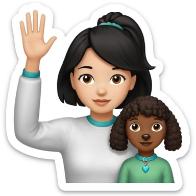 Ponytail black hair girl with brown Poodle say goodbye  sticker