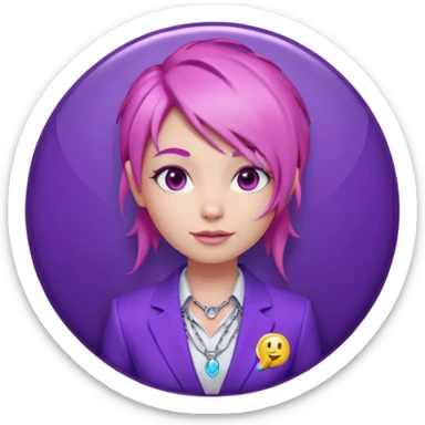 Cute 3D emoji-style girl sexy character with pink hair and purple eyes, inside a circular badge. No hands, no pose. Clean purple suit with a glowing neon-blue ‘C’ logo on the chest, small lightning accent. Smooth Apple-style lighting, friendly expression sticker