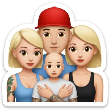 throuple tatted bald boyfriend with blonde girl friend and brunette girlfriend sticker