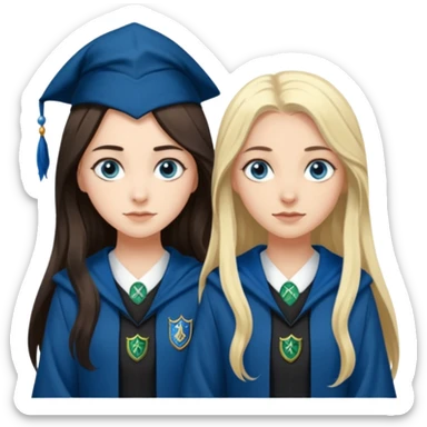 a pretty ravenclaw girl with long dark brown hair and blue eyes standing with a pretty Slytherin girl with long blonde hair, blue eyes sticker