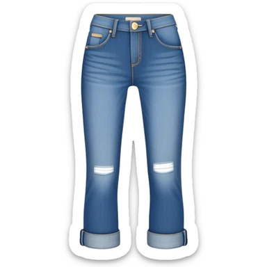 A medium-length blue denim jeans emoji, styled like rolled-up capri jeans. The jeans are not too long or short — ending just below the knee. They feature a button and zipper closure, visible stitching, side and back pockets, and a slightly faded, casual look. Perfect for a trendy, relaxed vibe sticker