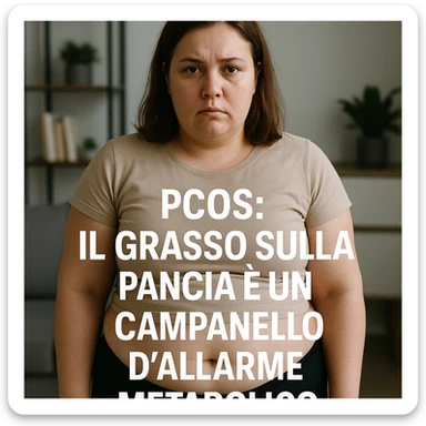 realistic scene: woman with PCOS, abdominal fat accumulation, serious expression, modern environment, Italian text: 'PCOS: il grasso sulla pancia è un campanello d’allarme metabolico', 4K quality sticker