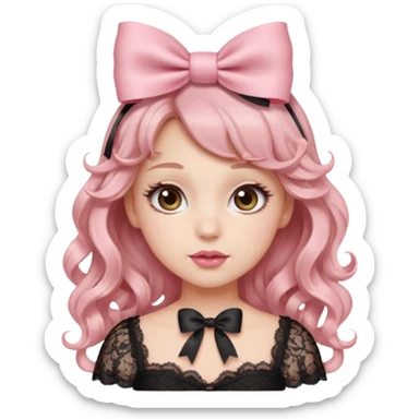 “Emoji girl, doe eyes, long fluttery lashes, soft pink blush, glossy rose lips, ribbon hair bow, romantic curls, wearing lace top.” sticker