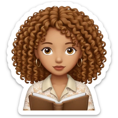 Brown girl with curly hair writing in girly lace notebook sticker