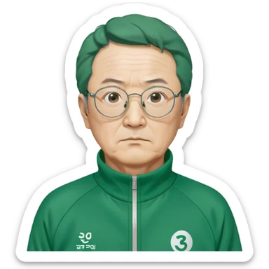 Park Ju-un is a middle-aged man, around 45 years old, green tracksuit, with tired eyes that carry the weight of a lifetime of struggles. His thin-framed glasses sit slightly crooked on his nose, one lens showing a faint crack from an earlier scuffle. His black hair, streaked with strands of gray, is unkempt and damp with sweat.

His face is gaunt, with deep wrinkles lining his forehead and around his mouth, evidence of years of stress and hardship. He wears the standard green Squid Game tracksuit (#369), but his jacket is slightly loose on his thin frame, and the collar is stained with sweat. His hands, slightly calloused from years of office work, tremble as he grips the small needle. sticker