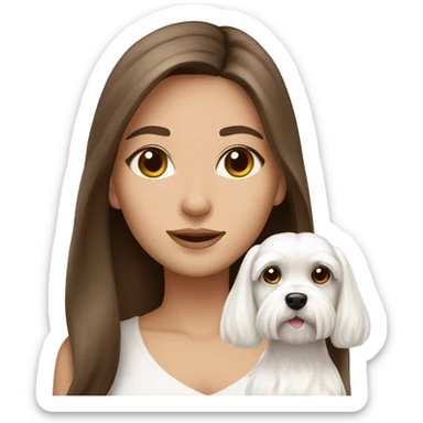 beautiful woman, straight long medium brown hair, brown eyes With white Maltese dog sticker