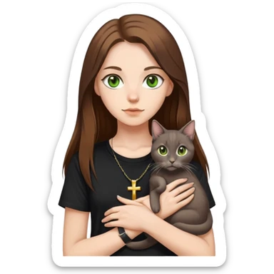 A pretty white girl with very long brown hair and green eyes in a black T-shirt with a pendant in the form of a cross, in her hands she holds a gray lop-eared cat with yellow eyes sticker
