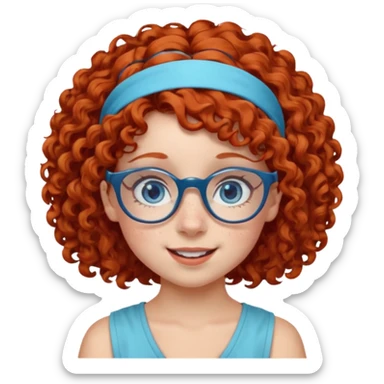 redhead kid with unique face features and very curly hair kid girl happy and big glasess and big nose and very blue eyes and headband with freckles sticker