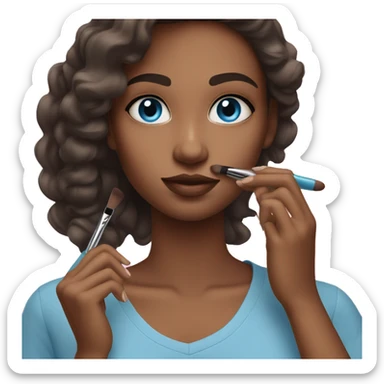 Girl with straight brunette hair blue eyes doing makeup sticker