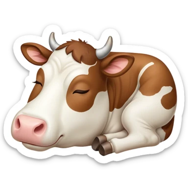 Meme-Worthy Cute Sleeping Brown and White Cow Portrait Emoji, Head resting peacefully with a contented smile, showcasing a robust build and a luxuriously soft patterned hide of brown and white, eyes shut in a serene, restful nap, Simplified yet hilariously adorable features, highly detailed, glowing with a soft, drowsy light, high shine, relaxed and utterly lovable, stylized with an air of playful laziness, bright and heartwarming, soft glowing outline, capturing the essence of a comically sleepy cow, so meme-worthy it feels like it could instantly become the next viral sensation of adorable slumber! sticker