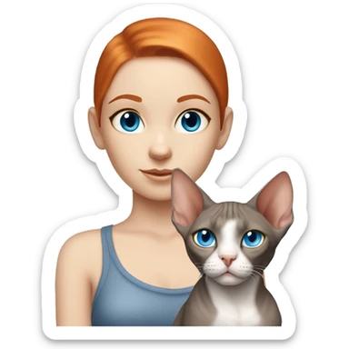 White skin girl with ginger hair and blue eyes with gray sphynx cat  sticker