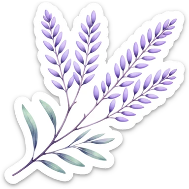 The art style is clean line art with delicate watercolor textures, pastel colors, and a dominant palette of lavender, soft lilac, and muted purple. Let the branch be more elongated and have short branches on it. sticker