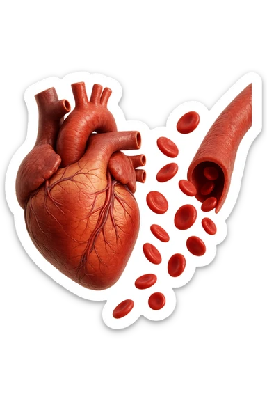cuore anatomico umano fluttuano in aria insieme ad una vena umana con globuli rossi , iperrealistiche 4k sticker