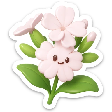 Create a 3D iOS-style cartoon soapwort (Saponaria) flower with exaggerated cute pale pink petals, big green leaves, playful proportions, soft lighting, and a glossy effect. The image should have no background. Style hint: GPT Image style. sticker