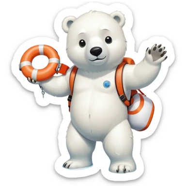 full body friendly anthropomorphised polar bear wearing swim suit and scuba goggles holding life buoy standing in puddle sticker