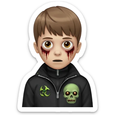 Crie um emoji de um menino com o cabelo castanho claro com uma franja reta e o corte low fade zumbi casaco de gola alta da adidas sticker