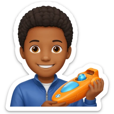 black kid playing orange formula 1 toy sticker
