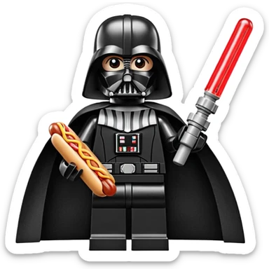 Lego Darth Vader holding a hotdog sticker