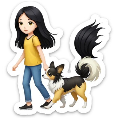 A girl with long black hair walks a yellow and white papillon sticker