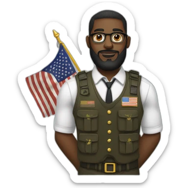 black soldier with a long beard, a part in hair, wearing glasses, a white collared shirt, a bow tie, bulletproof vest with an american flag sticker
