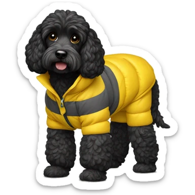 Black cockapoo dog wearing a yellow puffer coat sticker