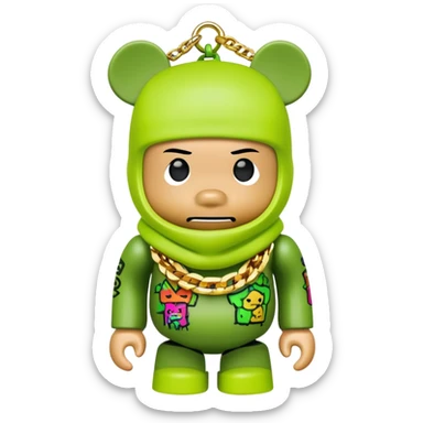 bearbrick toy with cubic head wearing a lime green balaclava covered in multiple brand logos graffiti style, with thick gold chains around neck, gold jewelry, aggressive eyebrows sticker