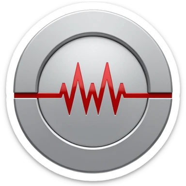Minimalist medical technology logo. White background. A clean circular shield shape in light gray. Inside the shield — a sharp red signal line forming abstract letters “AI”, resembling a medical alert waveform but not a classic ECG.  sticker