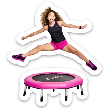 Mujer joven con cola alta y pelo marrón, saltando sobre un mini trampolín negro con bordes neón. Lleva top fucsia, calzas negras y zapatillas blancas. Brazos abiertos, rodillas flexionadas y expresión alegre, en pleno salto con líneas de movimiento.
 sticker