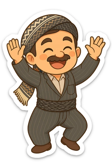 Cartoon sticker of a Kurdish man in the same traditional Kurdish clothes and shawl as the reference image, dancing Kurdish dance with hands raised and traditional dance pose, colorful and joyful, no text, suitable for WhatsApp and Instagram, transparent background. sticker