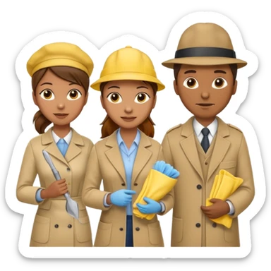 A cleaning Lady with Brown hair, high ponytail and yellow cleaning gloths is Talking to a Detektive (a man) with beige had, a beige coap and he is interviewing the cleaning Lady sticker