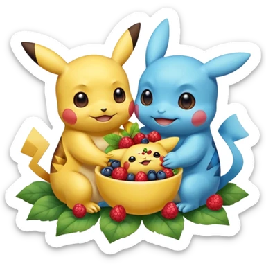 Two Pokémon are playing in a field. Pikachu has many berries, but Squirtle has none. Pikachu sees this is unfair, so he shares the berries with Squirtle. They smile and eat together. Show this as a cute Pokémon emoji scene about justice and fairness. sticker