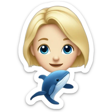 A whale as a staffed animal with a blonde girl with blue eyes and blond hair sticker
