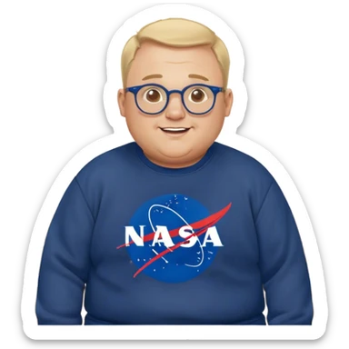 happy chubby man, bench Press,  blond short and hight receding hairline, wearing a dark blue sweatshirt, nasa logo on the sweatshirt, round glasses without frame, 40 years old sticker