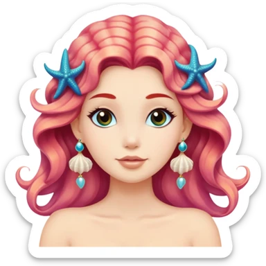 mermaid with seashells in hair, starfish earrings sticker
