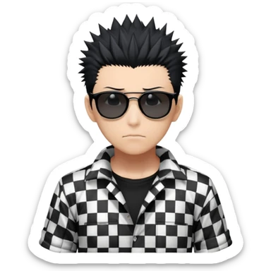 Satoru Gojo from Jujutsu Kaisen with spiky black hair, wearing black and white checkered shirt with rolled-up sleeves, black pants, confident expression, sunglasses on top of head, one hand in pocket sticker