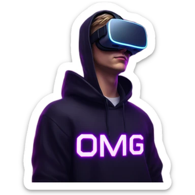 Russian young man wearing a black hoodie with "OMG" letters on it and VR headset in a cyberpunk VR environment with violet neon lighting. sticker