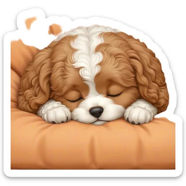 Cinematic Meme-Worthy cute Sleeping Cavoodle Portrait Emoji, Head resting peacefully with a contented smile, showcasing a delightfully cute build and a luxuriously soft, curly apricot coat with gentle white accents, eyes shut in a serene nap, Simplified yet hilariously adorable features, highly detailed, glowing with a soft, drowsy light, high shine, relaxed and utterly lovable, stylized with an air of playful laziness, bright and heartwarming, soft glowing outline, capturing the essence of a comically sleepy Cavoodle, so meme-worthy it feels like it could instantly become the next viral sensation of adorable slumber! sticker