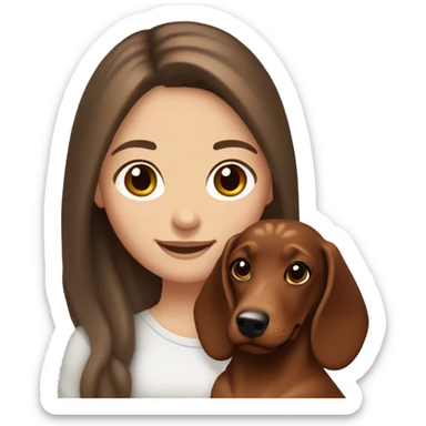 White girl long brown hair smiling and brown eyes with long eyelashes and holding a dachshund  in her arms sticker