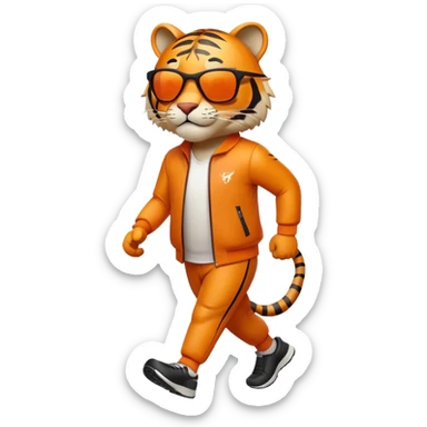 energetic anthropomorphised tiger in sports clothes, wearing dark sunglasses, walking upright sticker