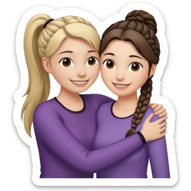 Comforting Hug two white skin women, one shorter woman with medium brown simple top ponytail, not braided, and one taller woman with a single long black side braid sticker
