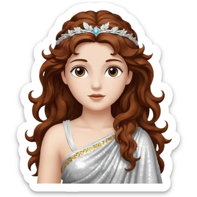 Diana, Goddess of Moon from Roman Deities with long dark auburn wavy hair, silver sequin toga sticker