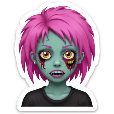 girl, zombie, pink coily hair, medium long, emo, shaggy, dark, spooky, piercing on eyebrow, colourful teeth, creepy blank expression sticker