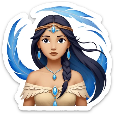 Cinematic Elegant Pocahontas Portrait Emoji, Standing serenely with a blue wind swirl around her, soft feathers in her hair, a tranquil yet powerful gaze, beauty beyond time, an ethereal aura of connection with nature, regal and enchanting! sticker